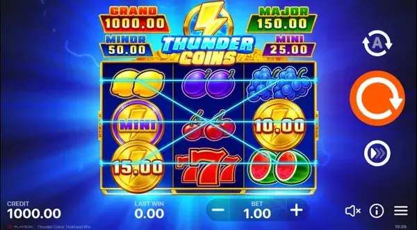 Mevalar, wild 7, oltin tangalar va jackpot paneli ko‘rsatilgan Thunder Coins Game asosiy ekrani
